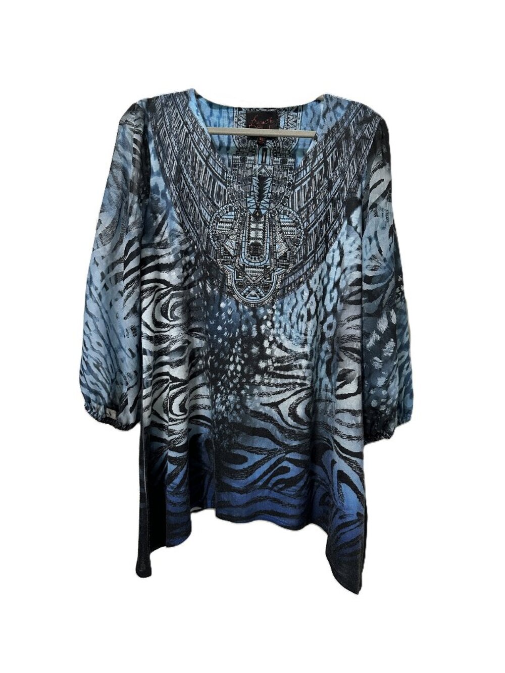 French Blue Tunic Top 3/4 Sleeves Beaded Embellishments Size XL